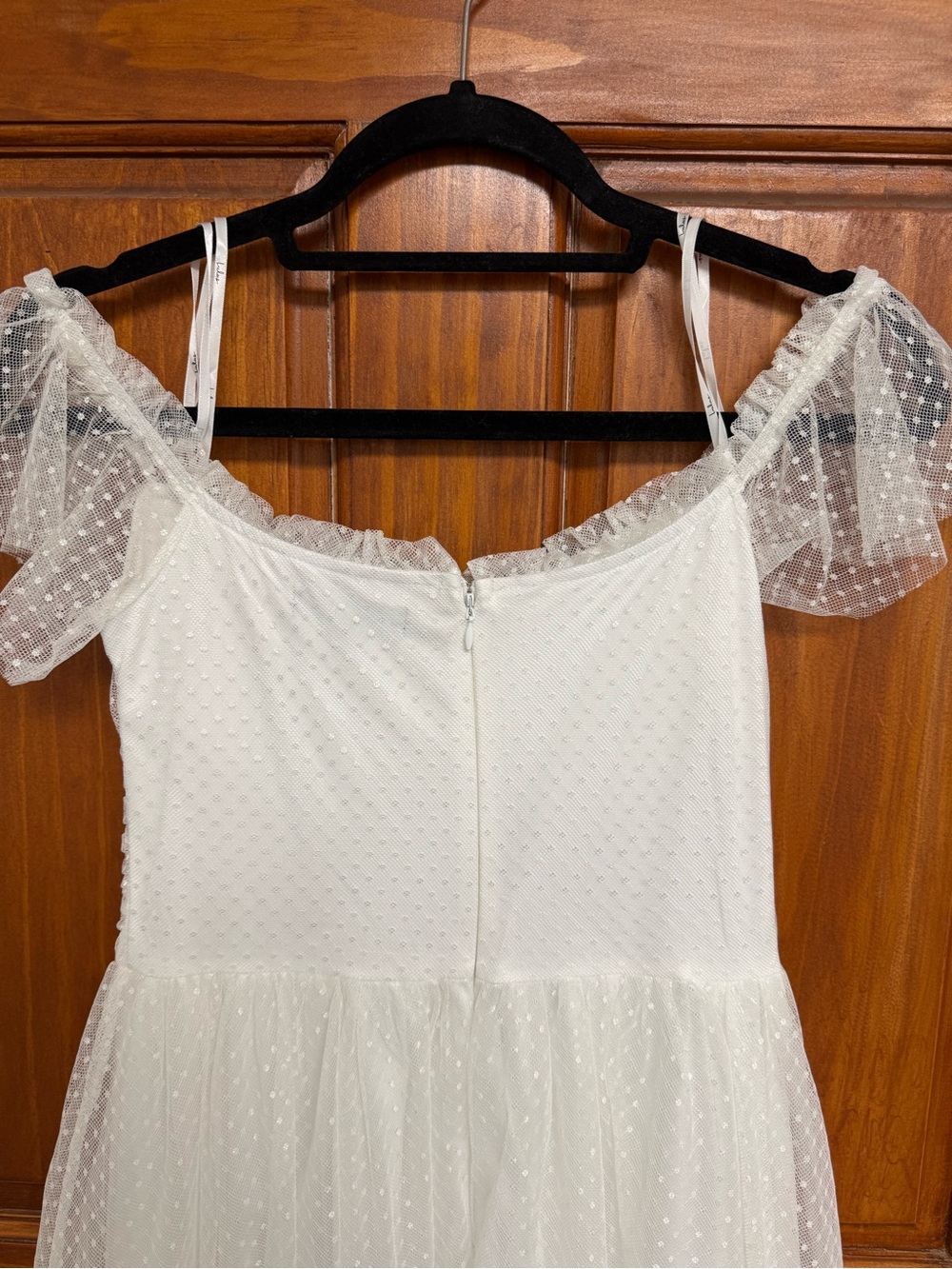Lulus White Polka Dot Tulle Midi Dress M Square Neck Flutter Sleeve Zip - Picture 10 of 13